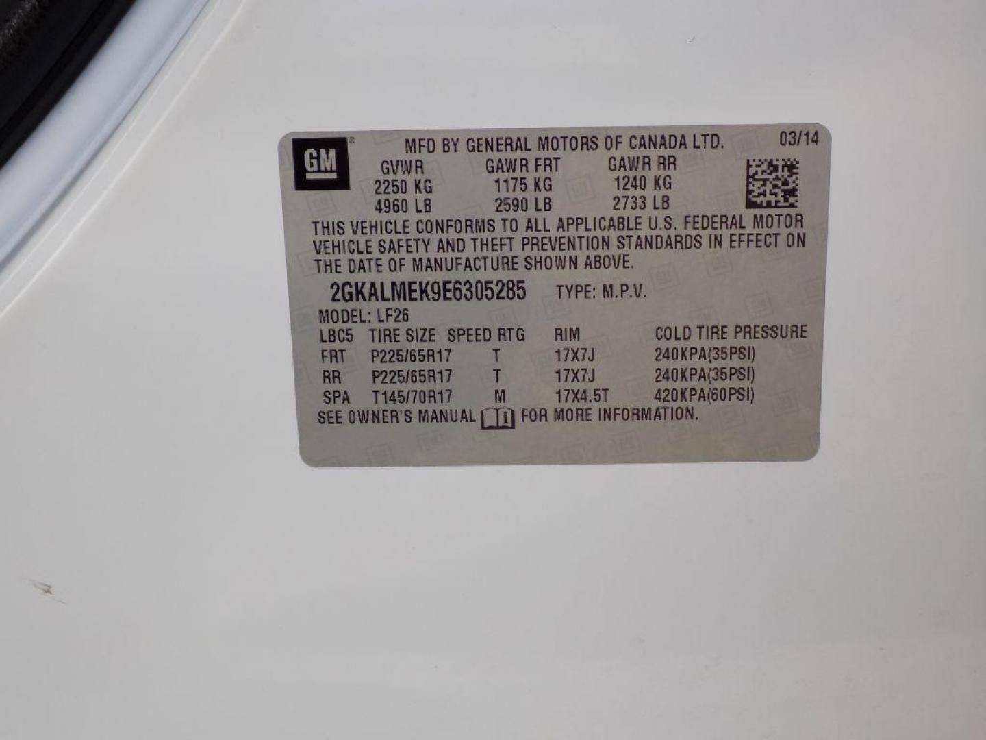 2014 WHITE GMC TERRAIN SLE (2GKALMEK9E6) with an 2.4L engine, Automatic transmission, located at 830 E. Canino Rd., Houston, TX, 77037, (281) 405-0440, 38.358219, -81.729942 - Photo#8